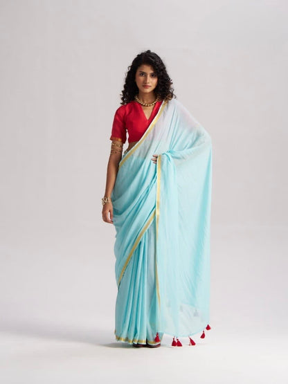 Light Blue Mul Cotton Casual Ready To Wear/Easy Saree