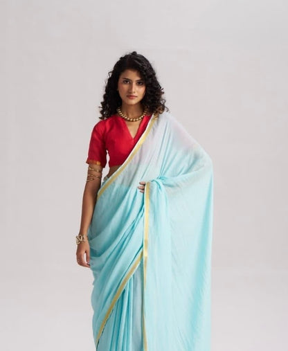 Light Blue Mul Cotton Casual Ready To Wear/Easy Saree
