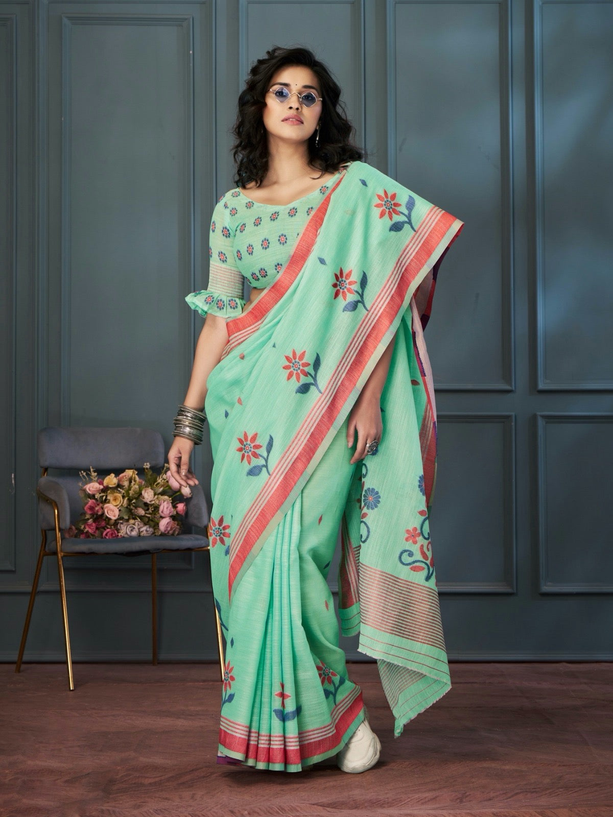 Green Color Resham Woven Cotton Office Wear Easy/Readymade Saree