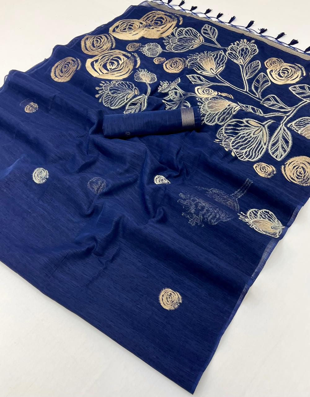 Navy Blue Munga Silk Readymade/Easy Saree - Panaash Saree
