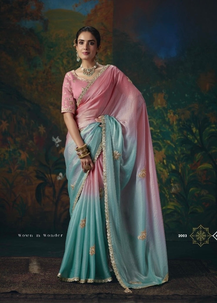 Pink and blue tissue silk ready-to-wear saree with gold trim and embroidered blouse