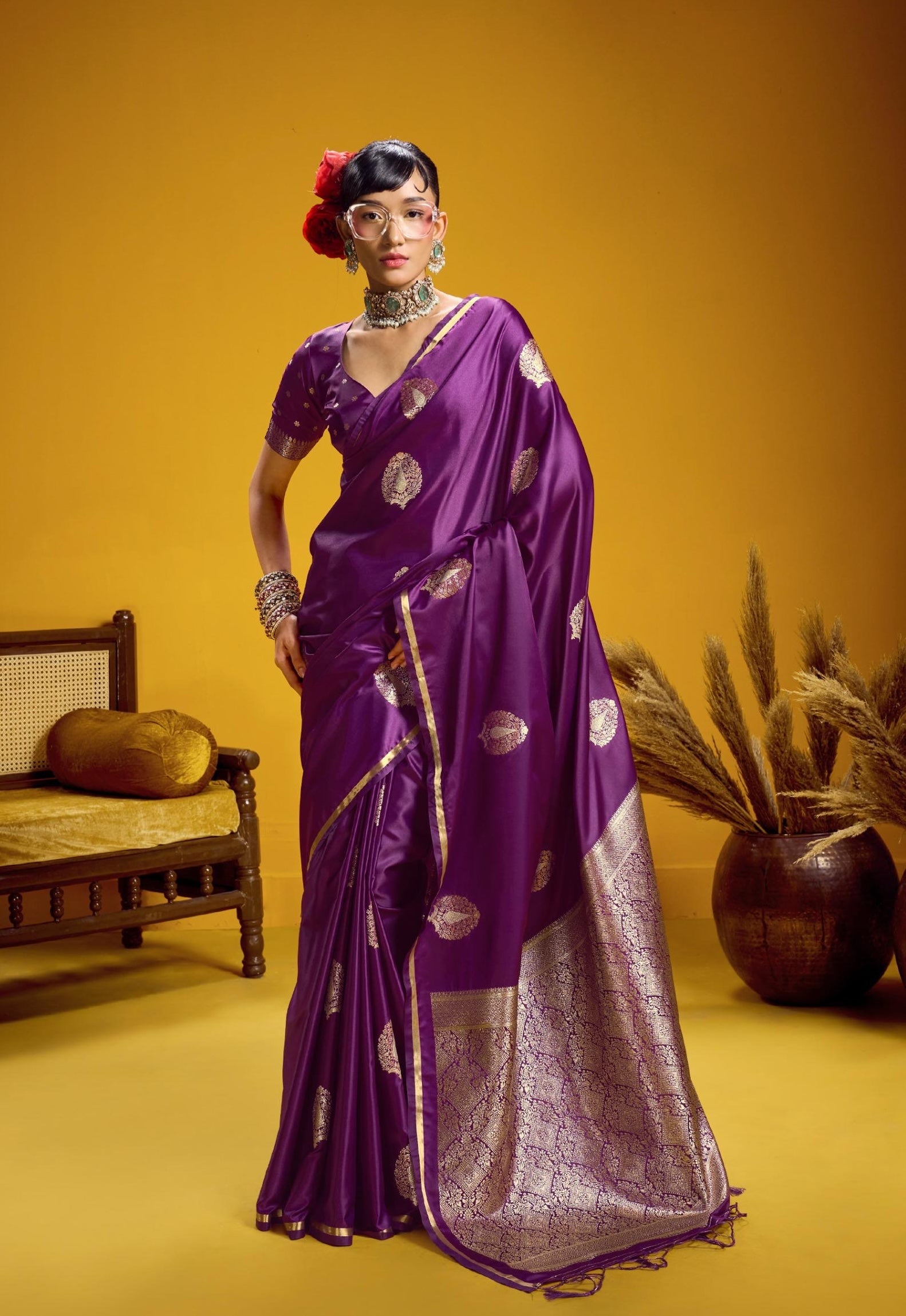 Magenta Satin Silk Ready To Wear/Easy Saree - Panaash Saree