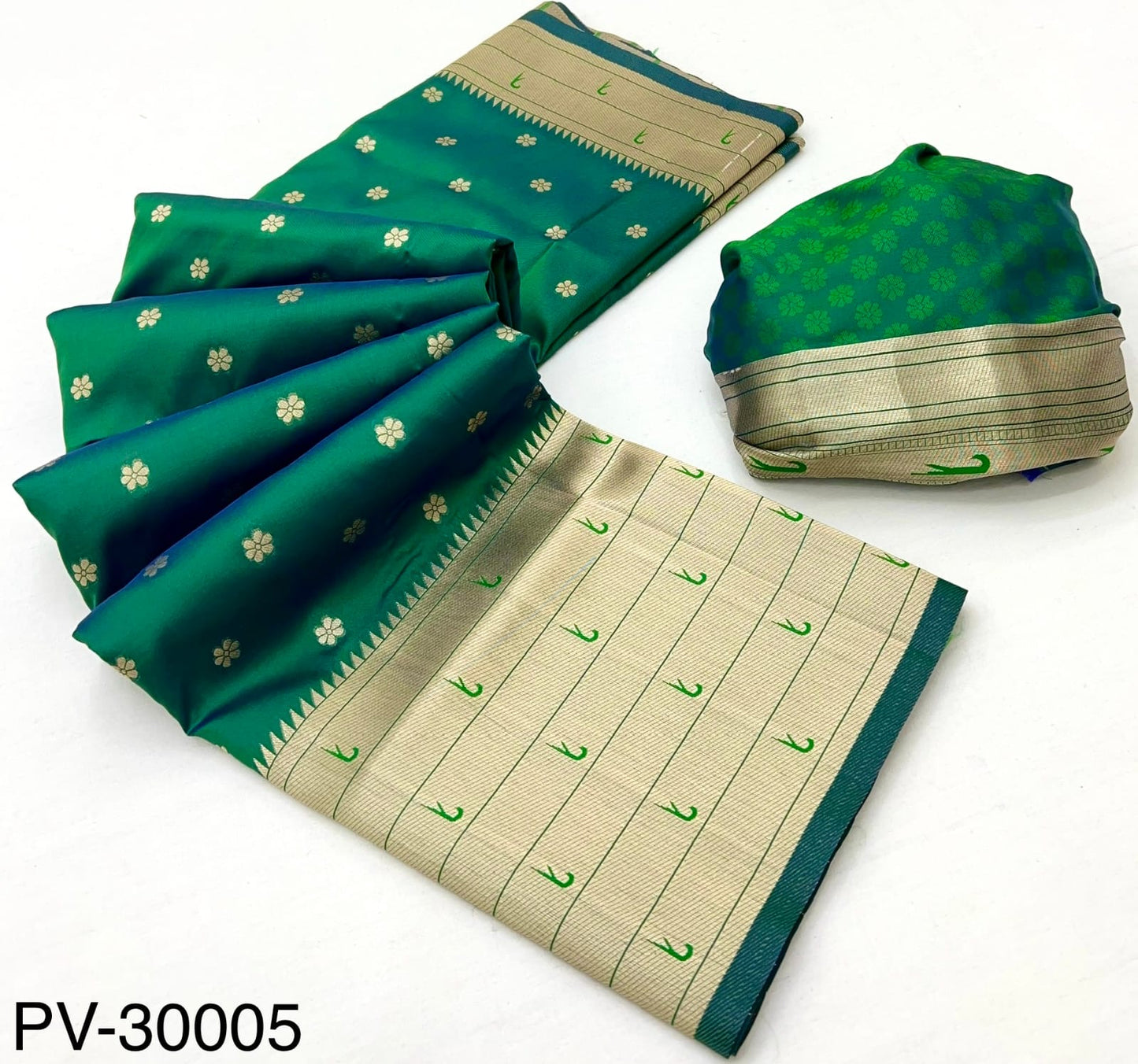 Bottle green silk easy saree set with beige-gold border and folded pallu