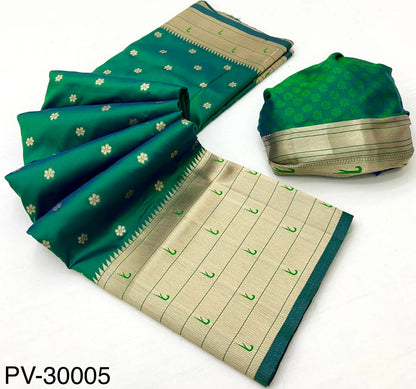 Bottle green silk easy saree set with beige-gold border and folded pallu