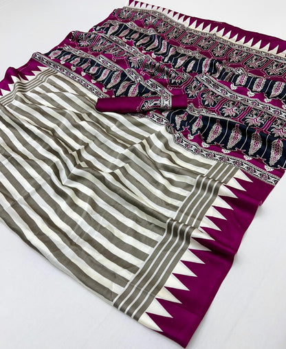 Magenta Stripe Crepe Silk Readymade/Easy Saree