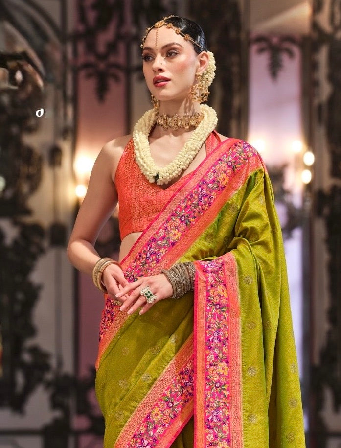 Light Green Banarasi Silk Readymade/Easy Saree