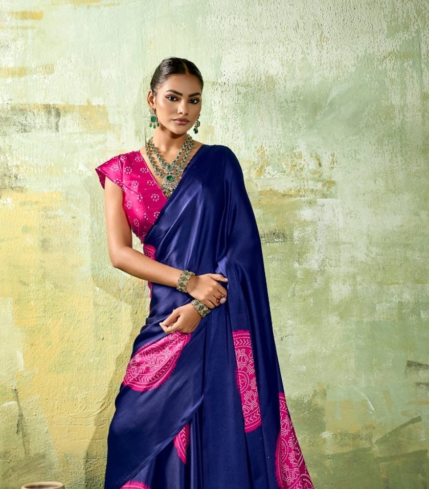 Navy Blue Modal Silk Ready To Wear/Easy Saree by Stylebypanaash