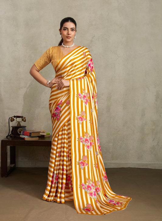 Mustard and white Stripe Crepe Silk Readymade/Easy Saree