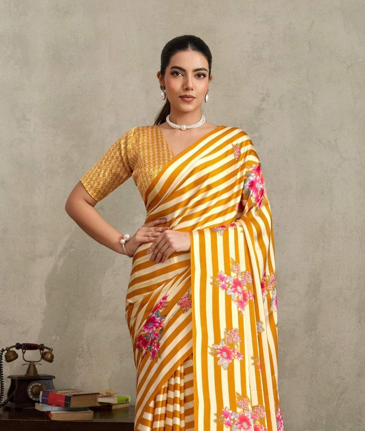 Mustard and white Stripe Crepe Silk Readymade/Easy Saree