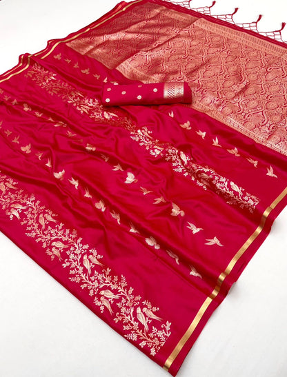 Red Satin Silk Readymade/Easy Saree - Panaash Saree