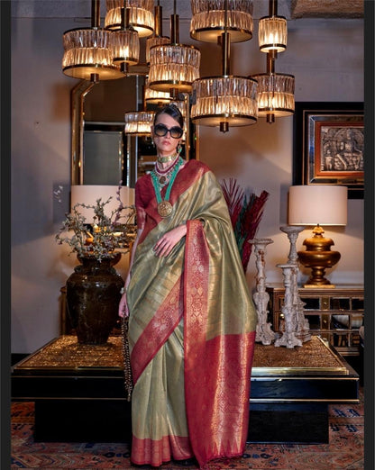 Green Color Zari Woven Tissue Silk Readymade/Easy Saree