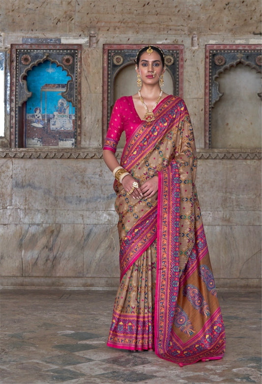 Beige Patola Silk Readymade/Easy Saree