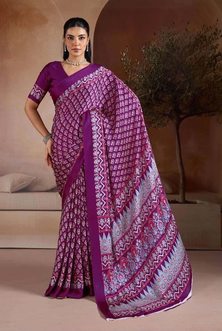 Wine Purple Crepe Silk Readymade/Easy Saree - Panaash Saree