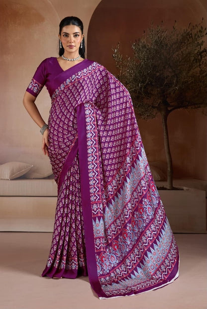 Wine Purple Crepe Silk Readymade/Easy Saree - Panaash Saree