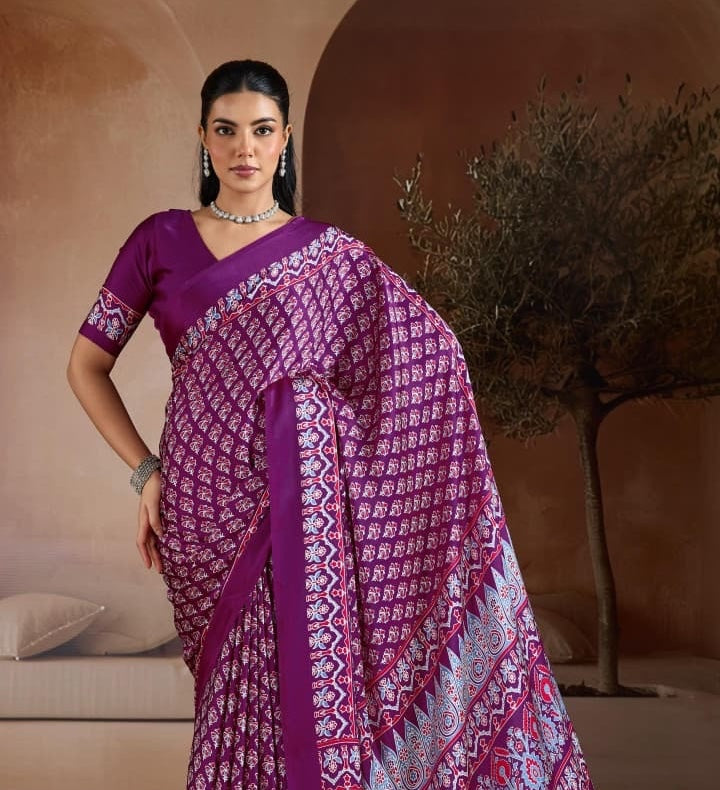 Wine Purple Crepe Silk Readymade/Easy Saree - Panaash Saree