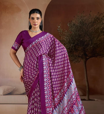 Wine Purple Crepe Silk Readymade/Easy Saree - Panaash Saree