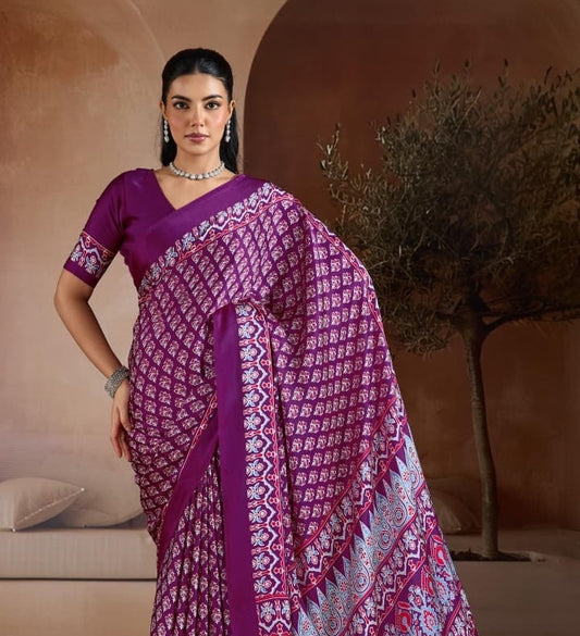 Wine purple Crepe Silk Readymade/Easy Saree