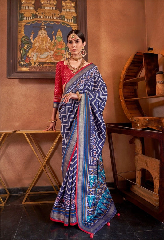 Dark Blue Patola Silk Readymade/Easy Saree
