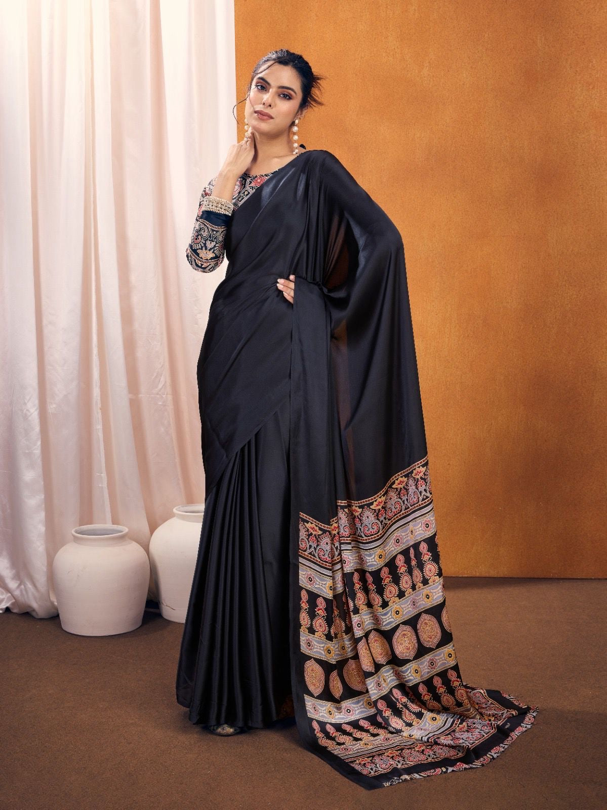 Plain Black Crepe Silk Ready To Wear/Easy Saree (Clearance) - Panaash Saree