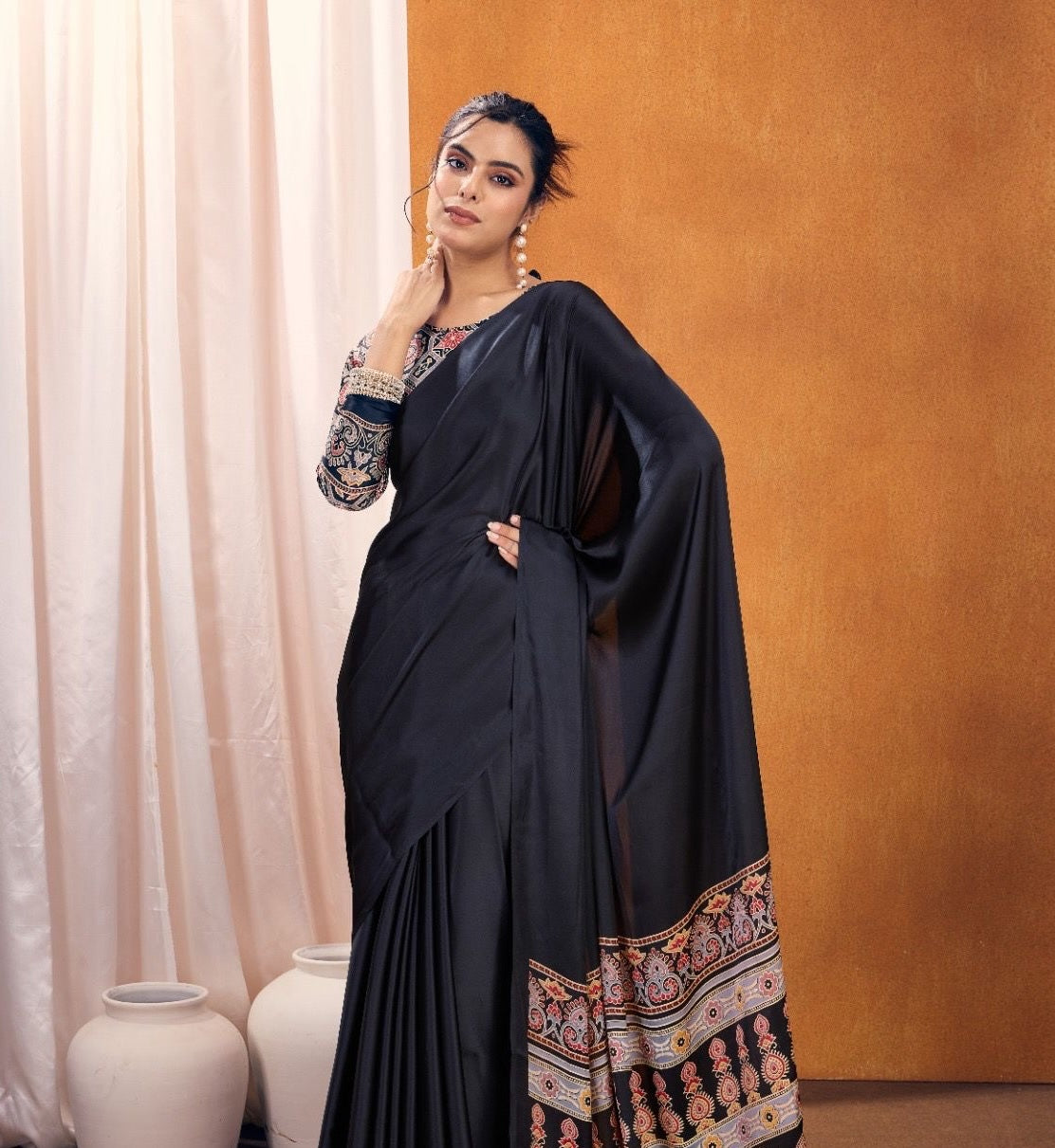 Plain Black Crepe Silk Ready To Wear/Easy Saree (Clearance) - Panaash Saree