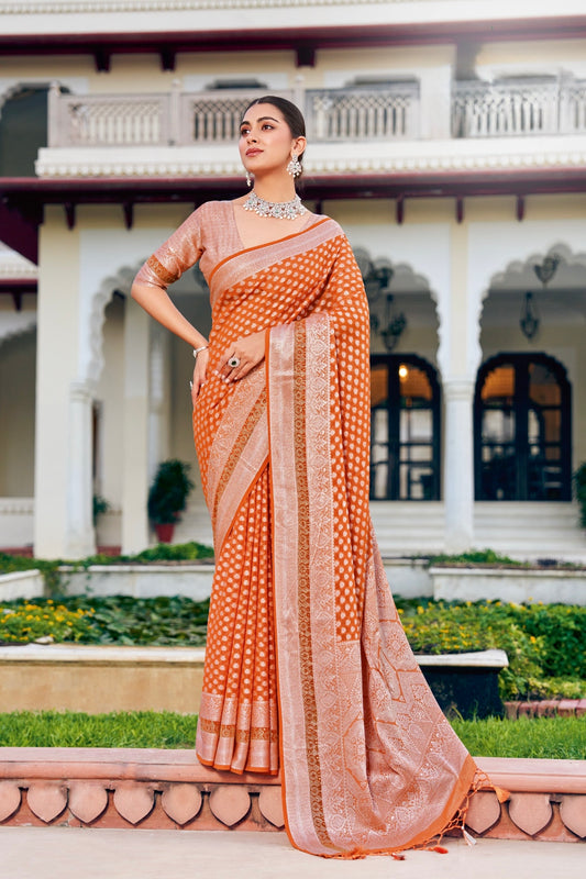 Orange Georgette With Stonework Readymade/Easy Saree