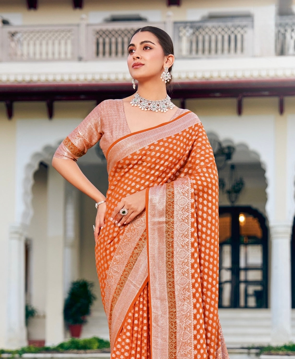 Orange Georgette With Stonework Readymade/Easy Saree