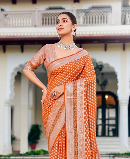 Orange Georgette With Stonework Readymade/Easy Saree
