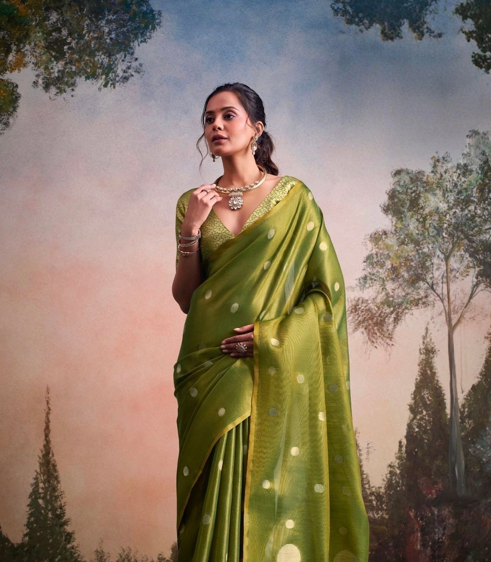 Green Tissue Silk Readymade/Easy Saree - Panaash Saree
