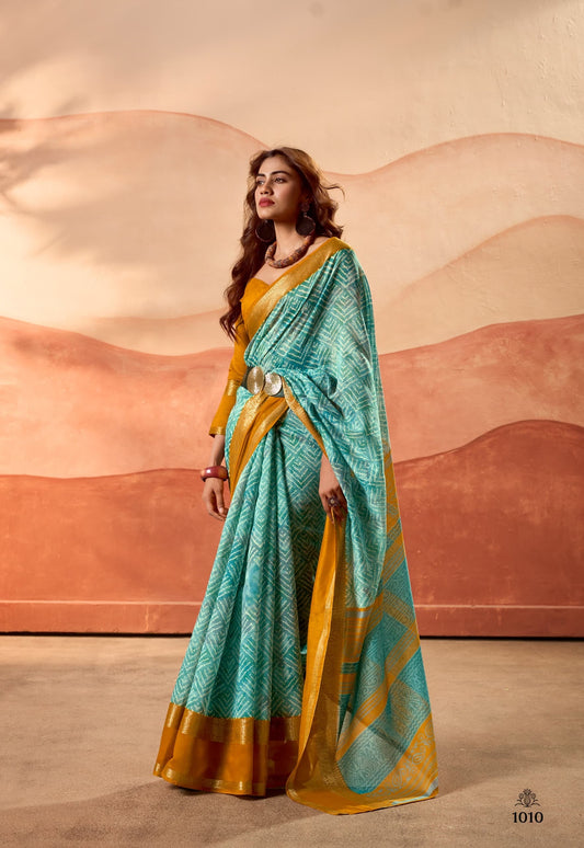 Turquoise Color Silk Cotton Readymade/Easy Saree