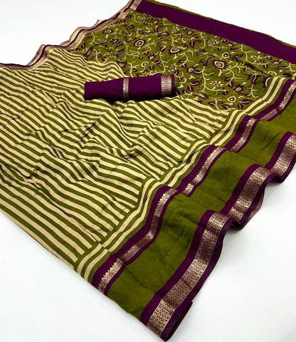 Olive Striped Mul Cotton Ready To Wear/Easy Saree
