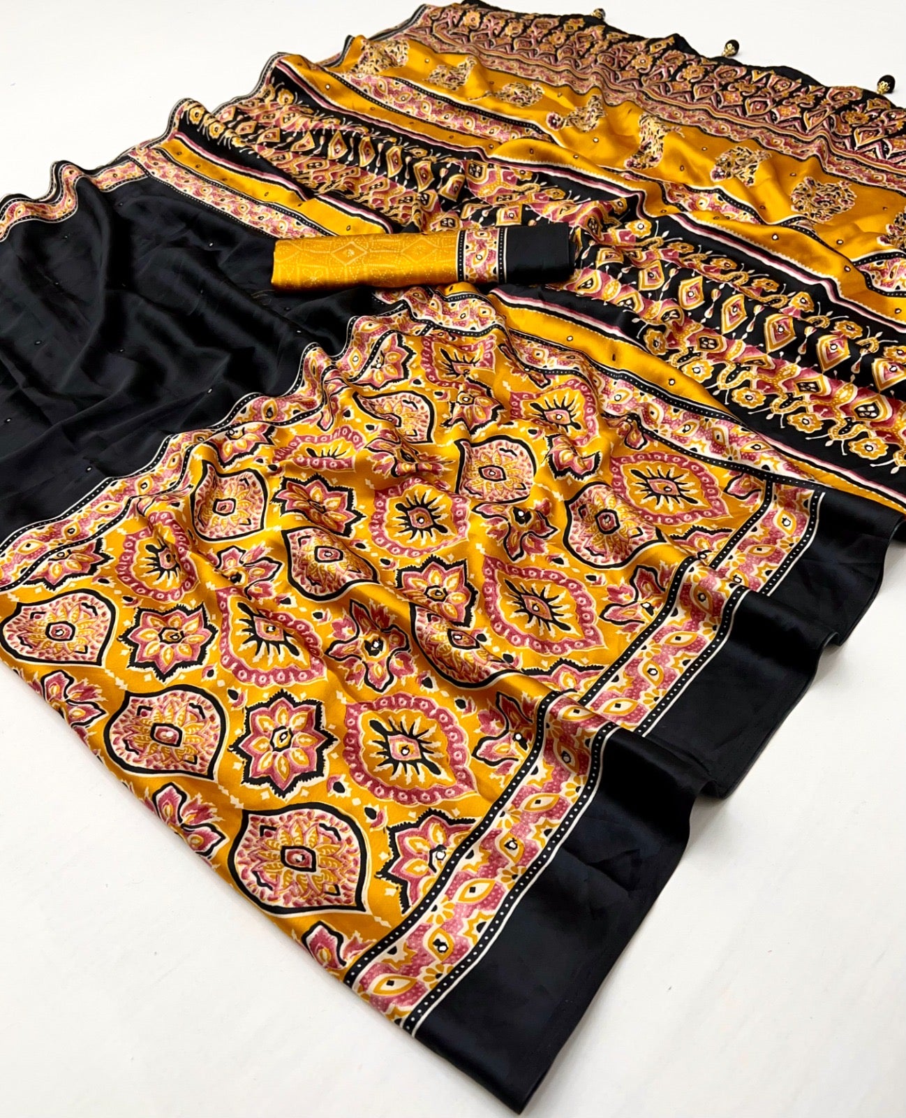 Black & Yelllow Crepe Silk Ready To Wear/Easy Saree