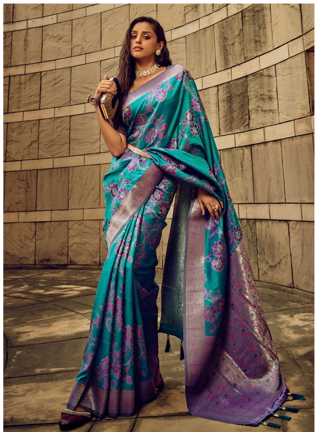 Turquoise Color Banarasi Readymade/Easy Saree