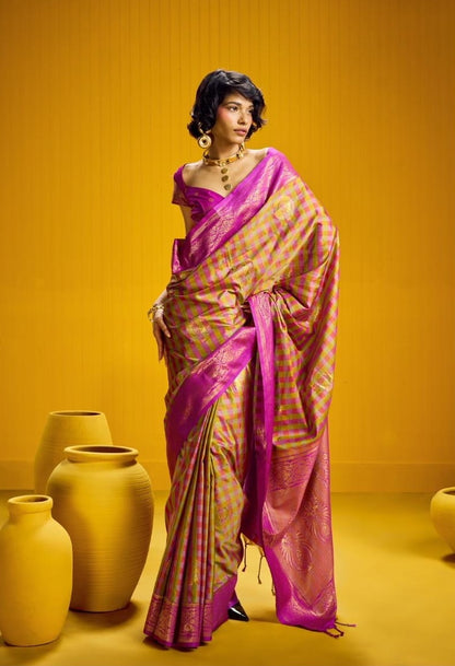 Royal Pink-Gold Checks Readymade/Easy Kanjivaram Saree - Panaash Saree