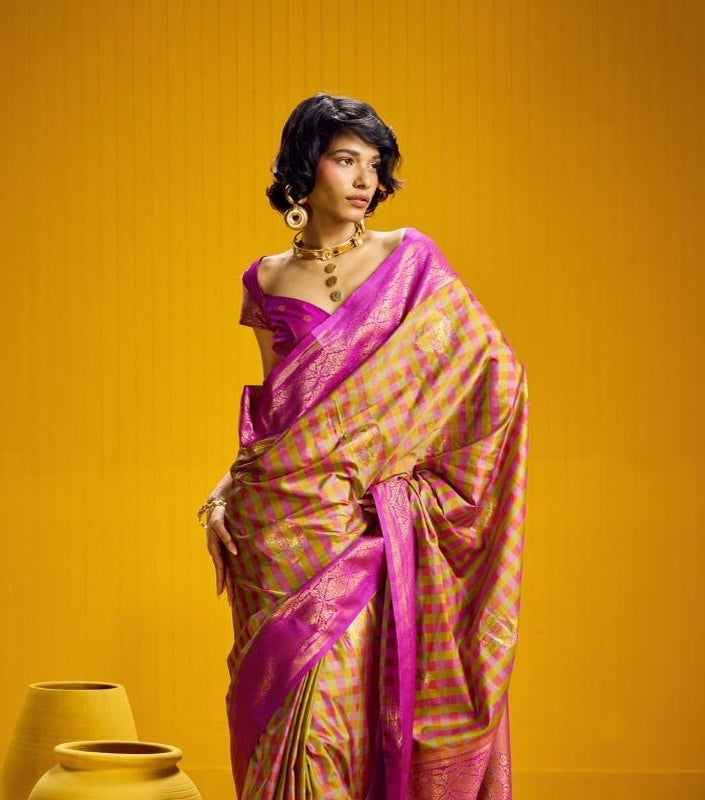 Royal Pink-Gold Checks Readymade/Easy Kanjivaram Saree - Panaash Saree