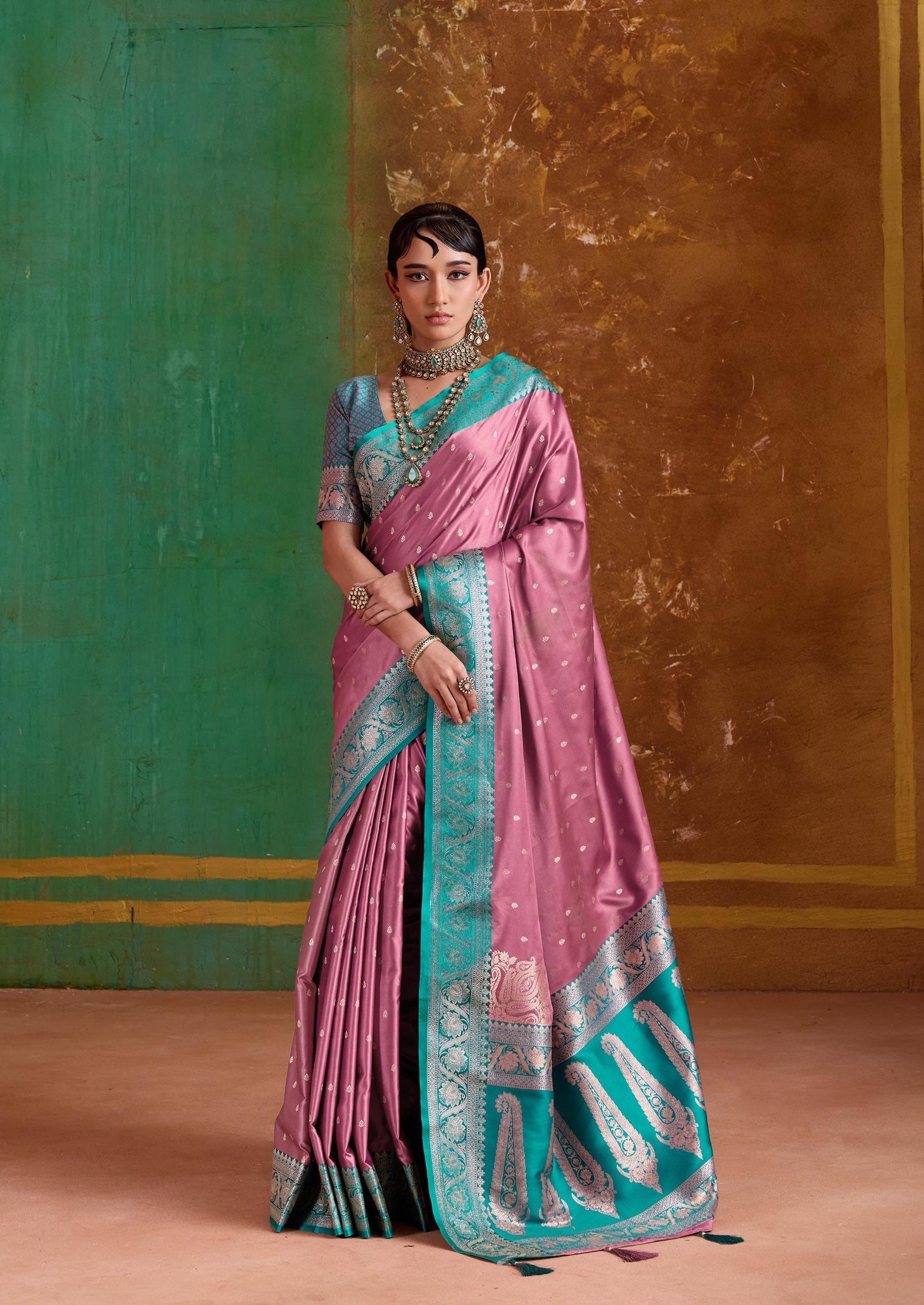 Dusty Rose Pink Satin Silk Readymade/Easy Saree - Panaash Saree