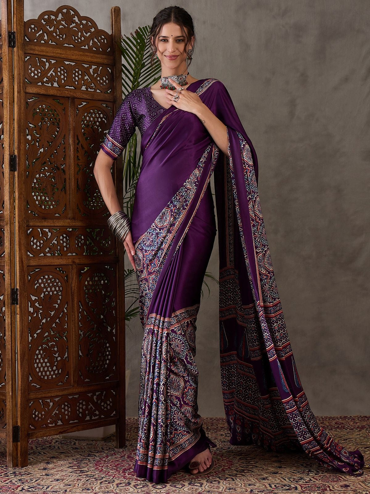Purple Crepe Silk Office wear Readymade/Easy Saree