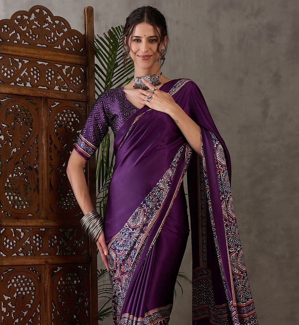 Purple Crepe Silk Office wear Readymade/Easy Saree