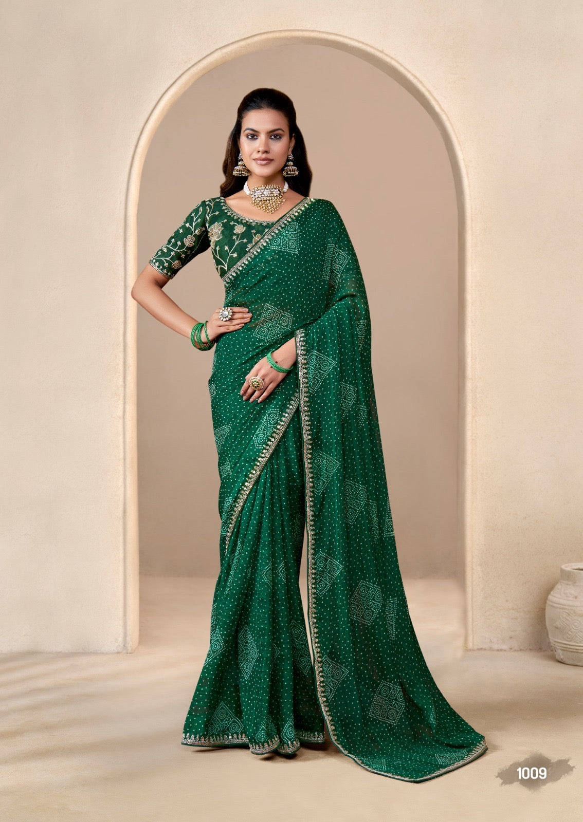 Green Georgette Readymade/Easy Saree