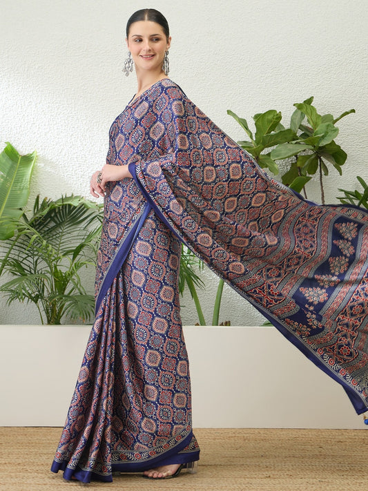 Indigo Crepe Silk Ready To Wear/Easy Saree - Panaash Saree