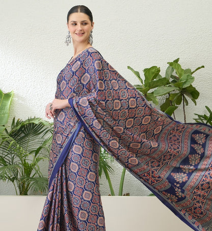 Indigo Crepe Silk Ready To Wear/Easy Saree - Panaash Saree