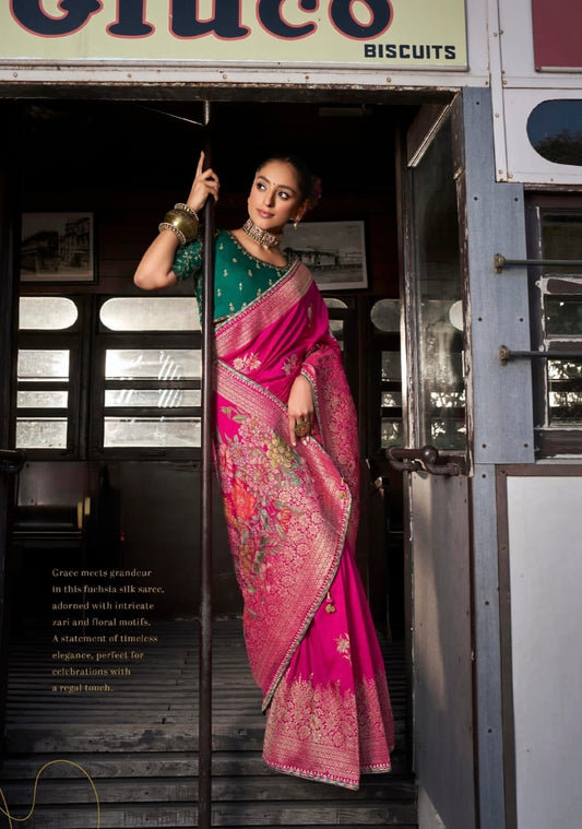 Pink Banarasi Soft Silk Readymade/Easy Saree
