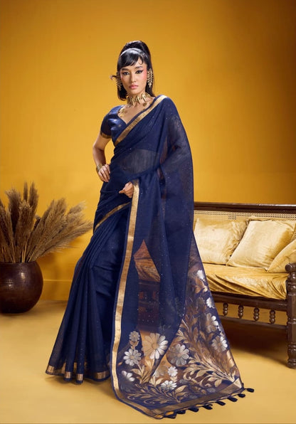 Navy Blue Munga Silk Readymade/Easy Saree - Panaash Saree