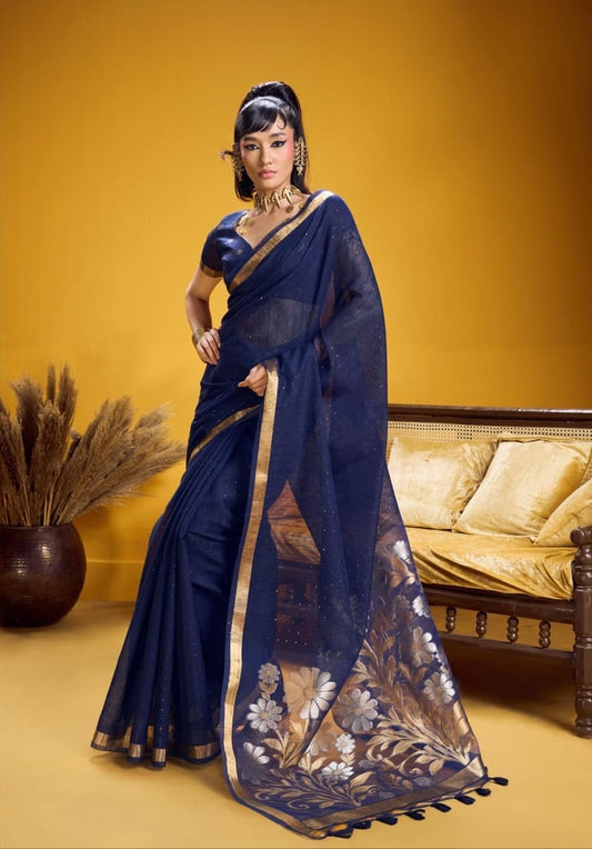 Navy Blue Munga Silk Readymade/Easy Saree - Panaash Saree