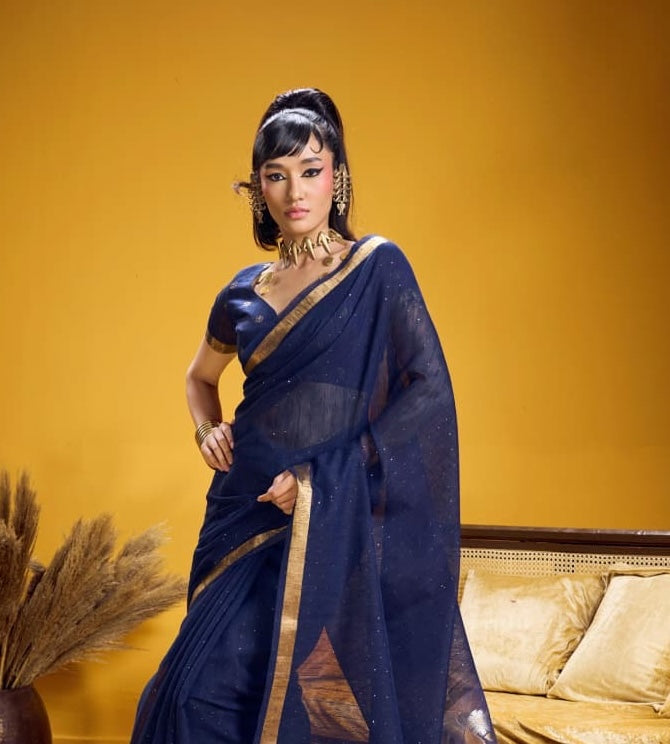 Navy Blue Munga Silk Readymade/Easy Saree - Panaash Saree
