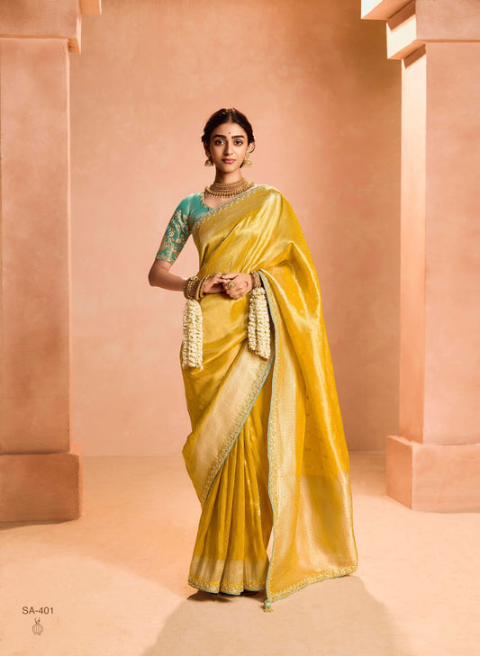 Yellow Color Designer Kanjivaram Silk Readymade/Easy Saree With Desiger Blouse Piece