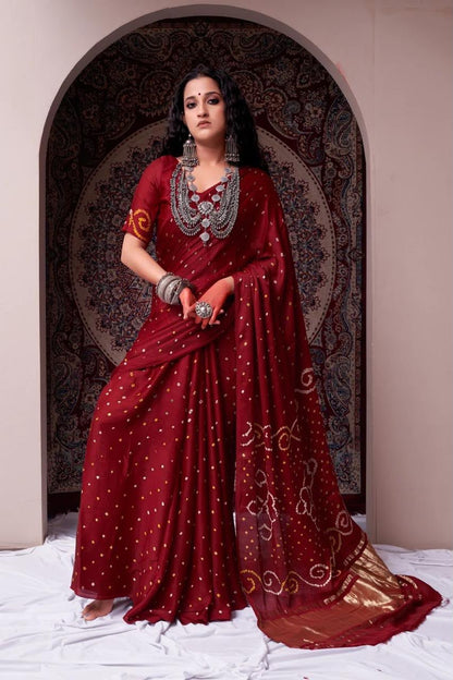 Dark red silk ready-to-wear saree with gold border and embellished blouse, full drape