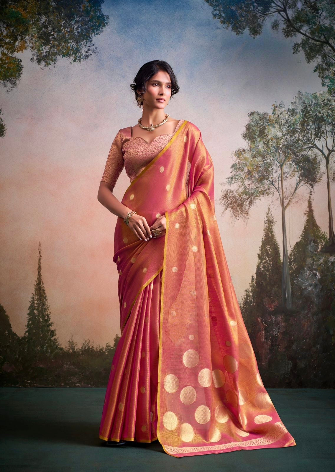 Peach Pink Tissue Silk Readymade/Easy Saree - Panaash Saree