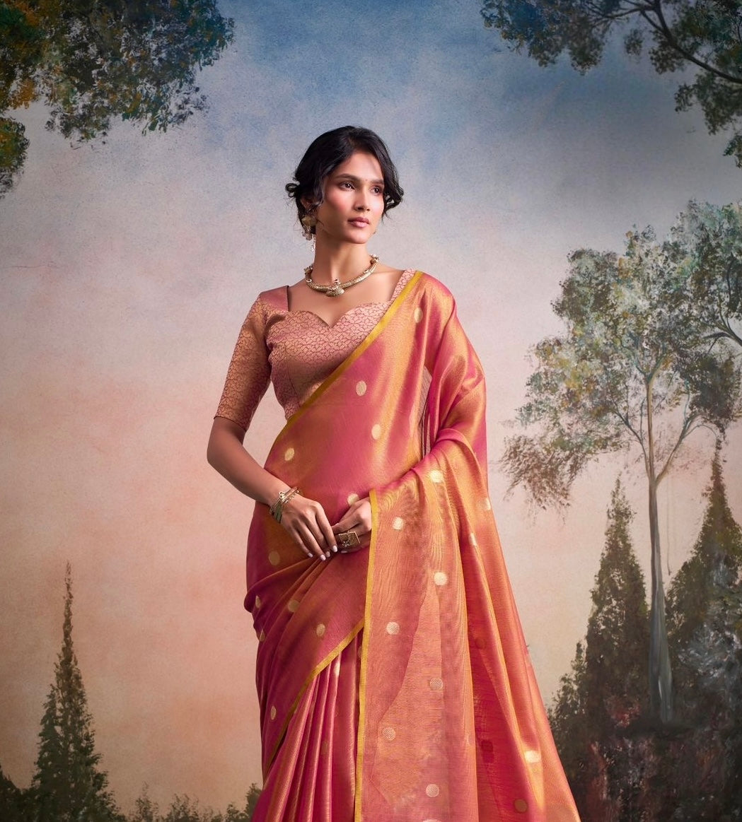 Peach Pink Tissue Silk Readymade/Easy Saree - Panaash Saree