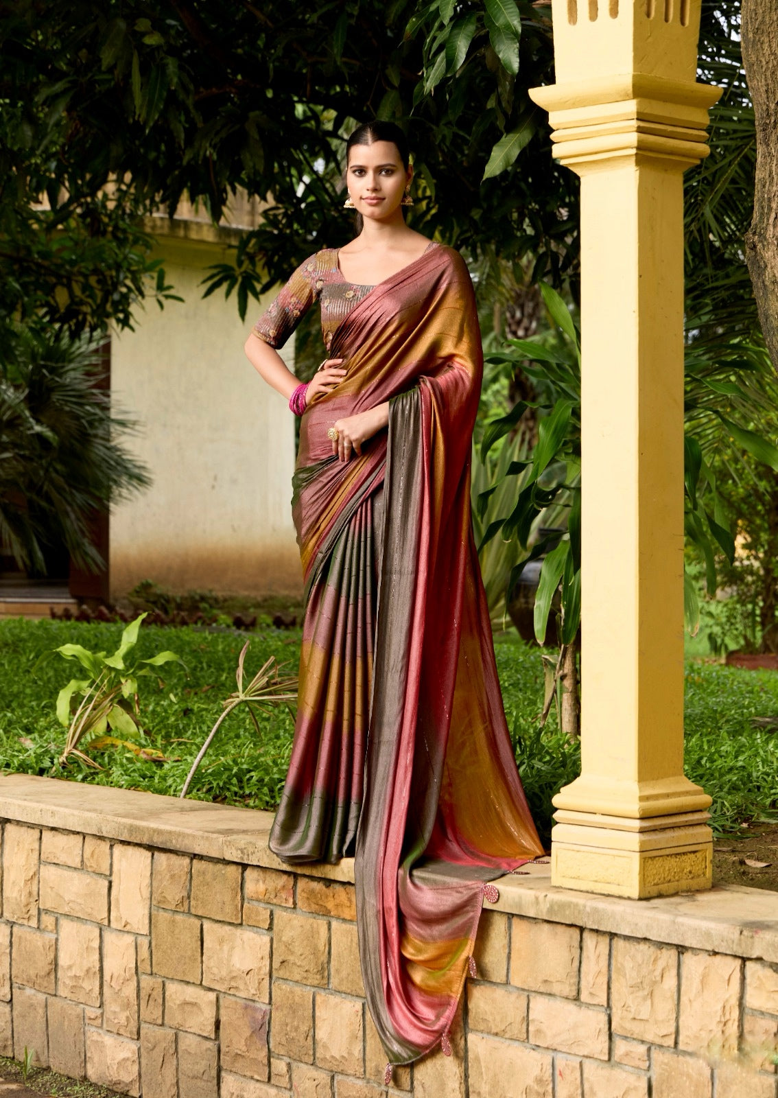Wine Mustard Multicolor Georgette Readymade/Easy Saree