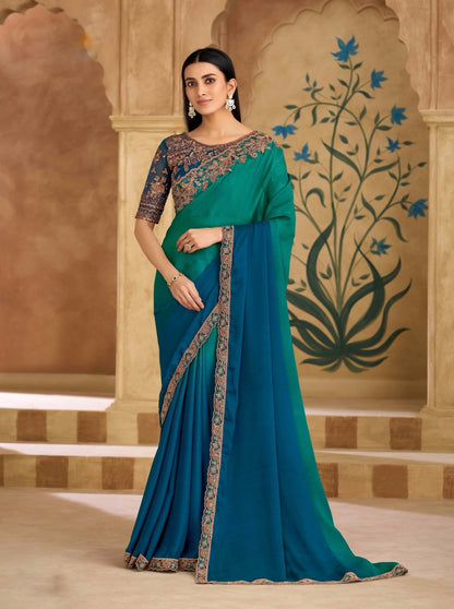 Teal Blue Cocktail Party Wear Readymade Saree